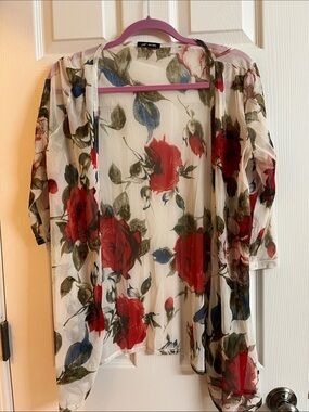 Floral Sheer Kimono Cardigan - Red Rose Print